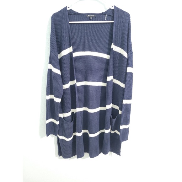 Pink Clover Size Medium Navy Blue White Stripe Open Long Cardigan Pockets Preppy - Picture 1 of 5